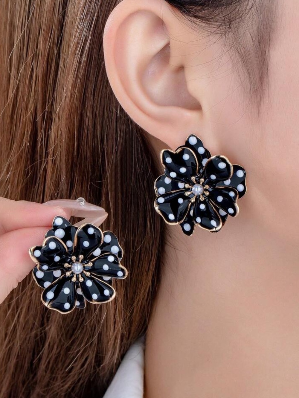 Black Polka Dot Flower Earrings